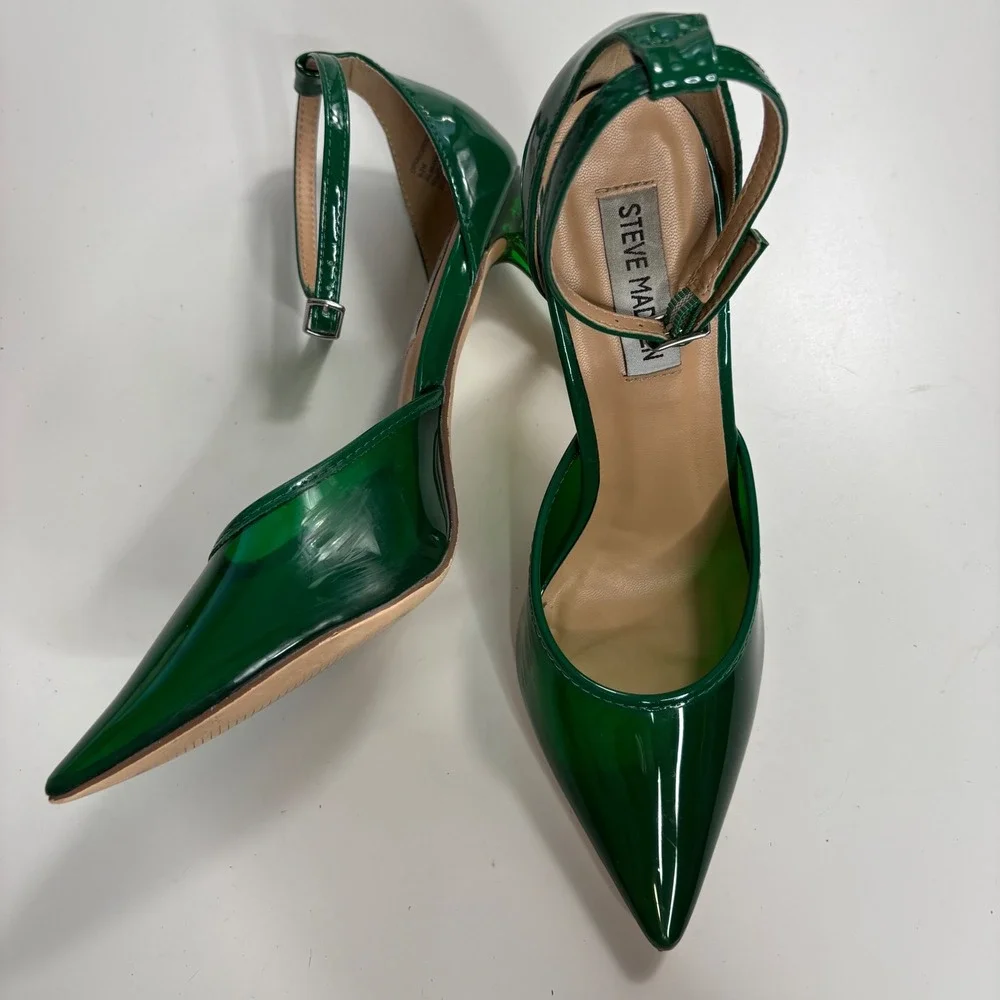 Steve Madden Green Translucent Pointed Toe Ankle Strap Stiletto Heels 7.5